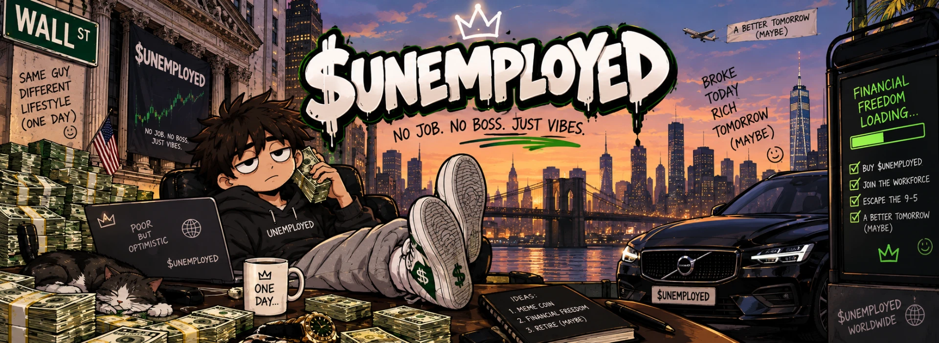 $UNEMPLOYED graffiti banner over the New York skyline