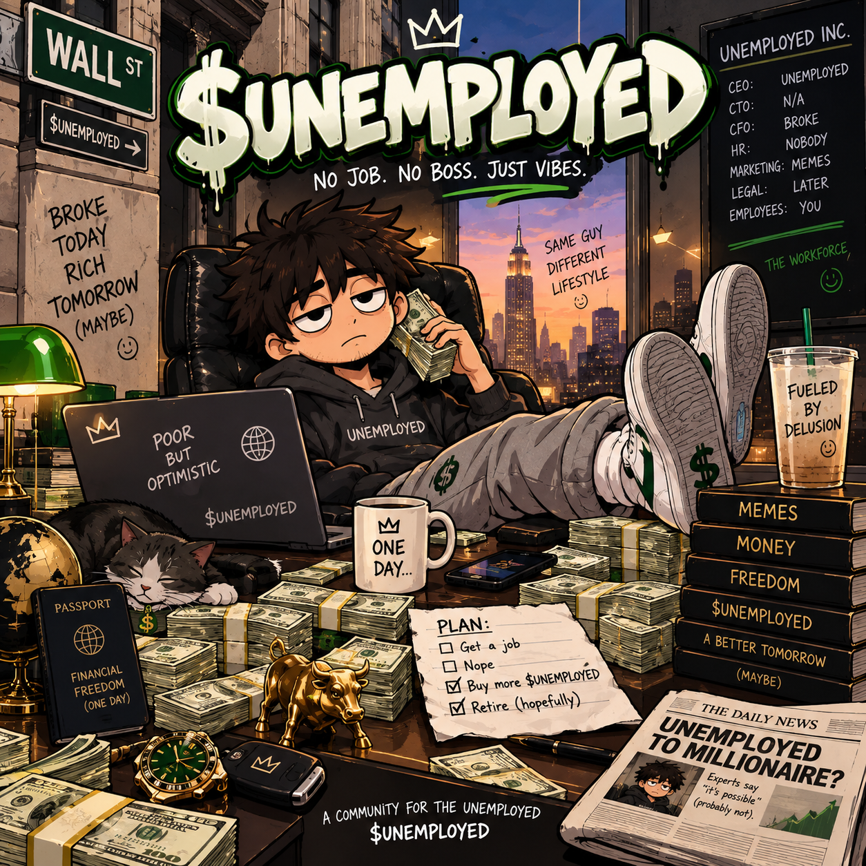 The $UNEMPLOYED mascot lounging on a desk covered in money stacks
